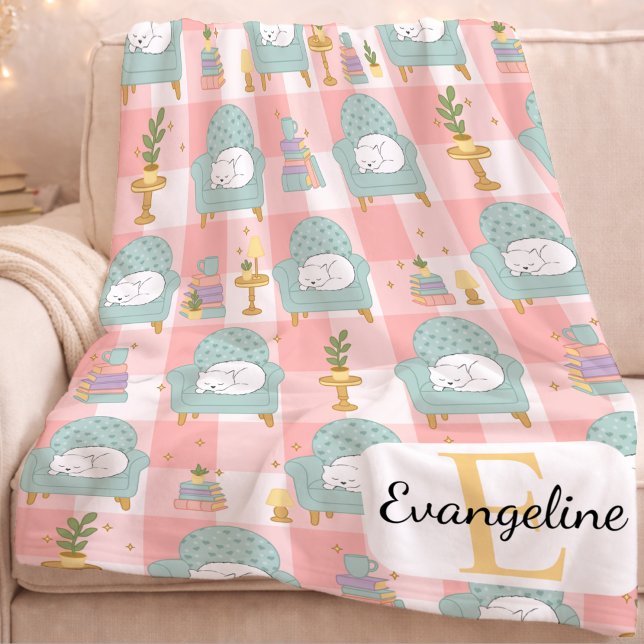 Personalized Cozy Aesthetic Cat Pattern Girl Pink Fleecedecke (Von Creator hochgeladen)