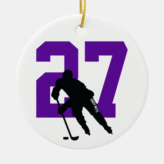 Personalized Custom Hockey Player Number Purple Keramik Ornament (Vorne)