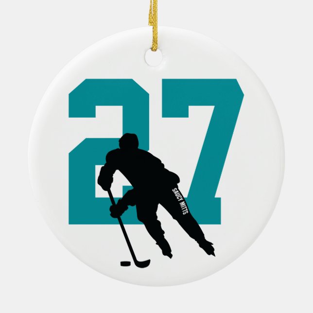Personalized Custom Hockey Player Number Teal Keramik Ornament (Hinten)