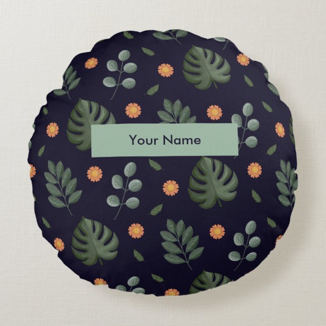 Personalized Custom Name Navy Botanical Rundes Kissen (Vorderseite)