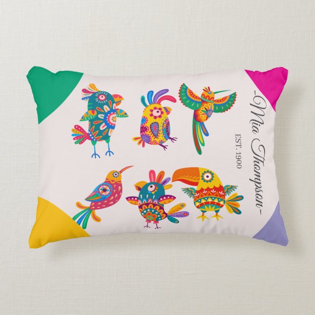 Personalized cute birds Colorful handdrawn Pinky Dekokissen (Vorderseite)