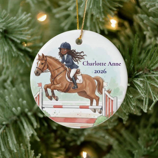 Personalized Cute Black Girl Horse Show Jumping Keramik Ornament (Baum)