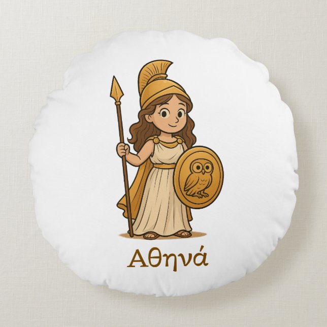 Personalized Cute Cartoon Athena Greek Goddess Rundes Kissen (Vorderseite)