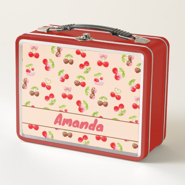 Personalized Cute Cherry Dessert Pattern Name  Metall Brotdose (Vorderseite)