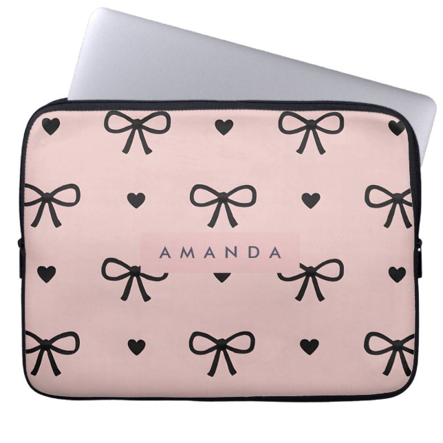 Personalized Cute Chic Pink Bow & Heart Pattern Laptopschutzhülle (Vorderseite)