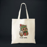 Personalized Cute Christmas Cat Tote Bag Tragetasche<br><div class="desc">Personalized cute Christmas cat tote bag featuring an adorable kawaii kitty wearing a festive winter hat and holding a holiday gift and iced coffee. This charming holiday tote bag is perfect for cat lovers and anyone who enjoys cozy winter designs. Add your own custom name to make this tote bag...</div>