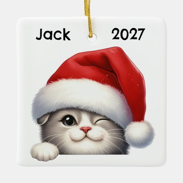 Personalized Cute Christmas Scottish Fold Cat  Keramikornament (Vorderseite)