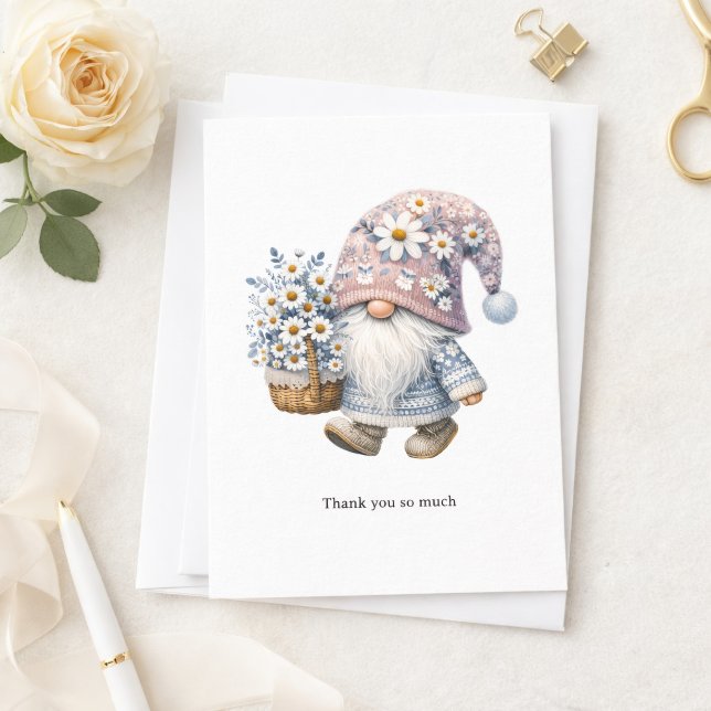 Personalized Cute Daisy Flower Gnome Thank you  Mitteilungskarte (Cute Garden Gnome with Daisies Thank you card)