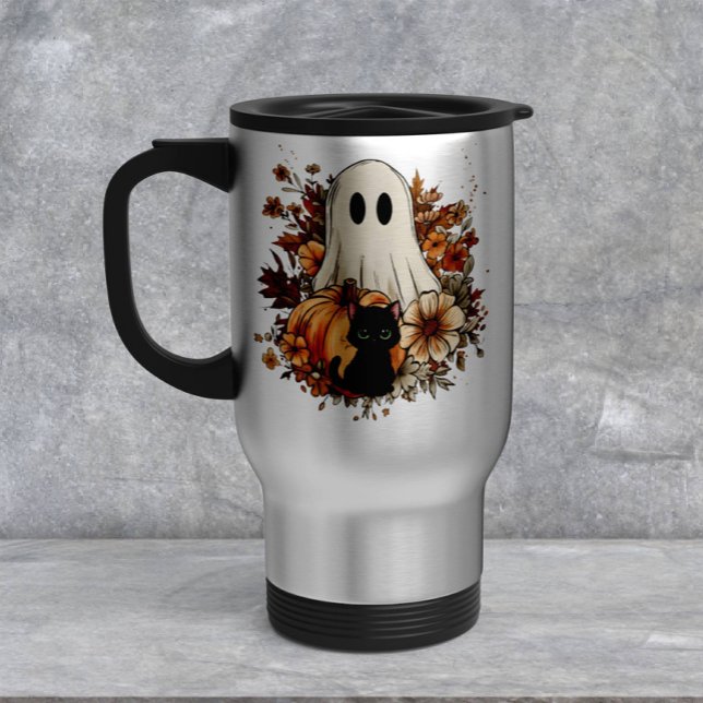 Personalized Cute Ghost and Black Cat Autumn Mug Reisebecher (Von Creator hochgeladen)