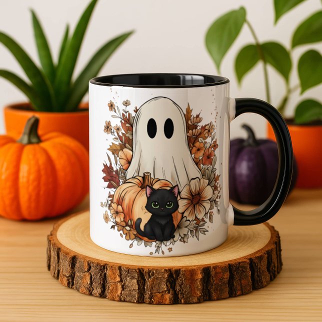 Personalized Cute Ghost and Black Cat Autumn Mug Tasse (Von Creator hochgeladen)