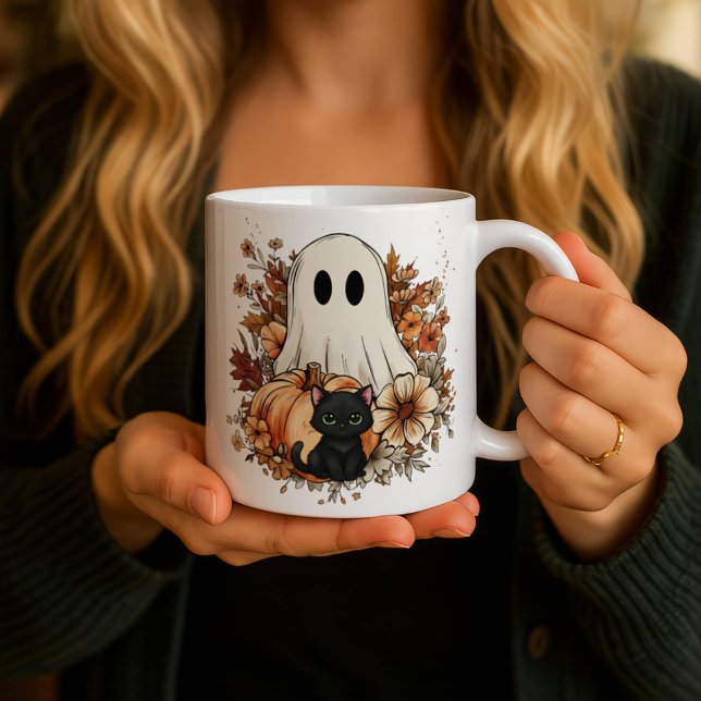Personalized Cute Ghost and Black Cat Autumn Mug Verwandlungstasse (Von Creator hochgeladen)