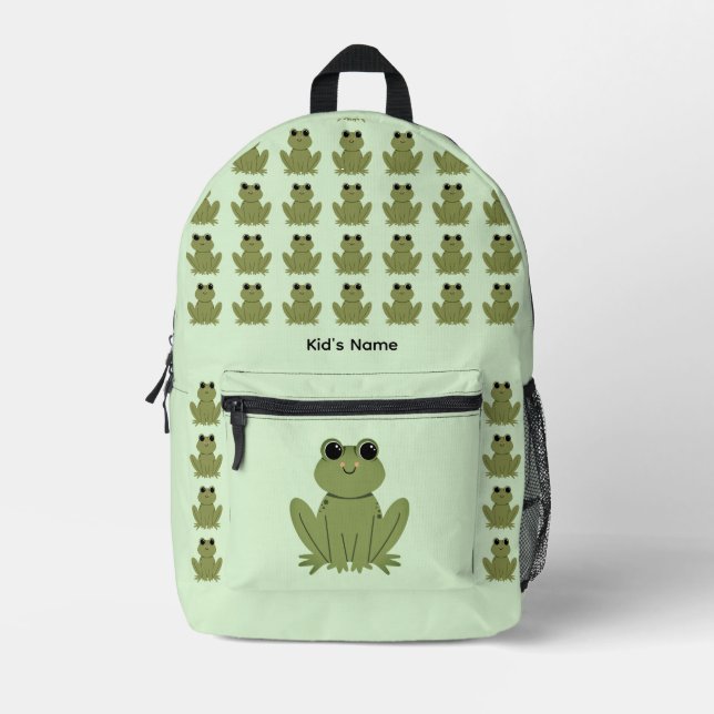Personalized Cute Green Frog Pattern Name Bedruckter Rucksack (Vorderseite)