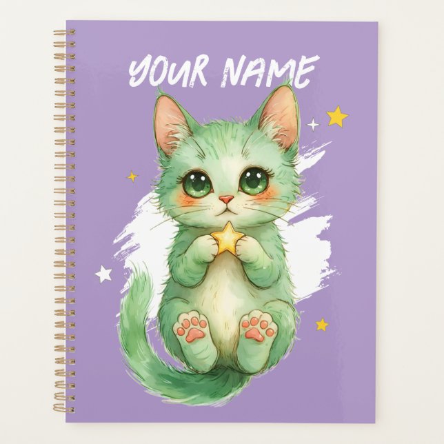 Personalized Cute Green Kitty Cat Planner Planer (Vorderseite)