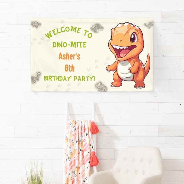Personalized Cute Orange Dinosaur T-Rex Banner (Insitu)