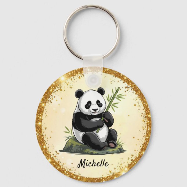 Personalized Cute Panda Bear Greenery Bamboo Gold  Schlüsselanhänger (Vorderseite)