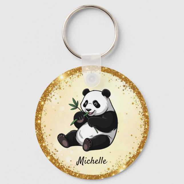 Personalized Cute Panda Bear Greenery Bamboo Gold  Schlüsselanhänger (Vorderseite)