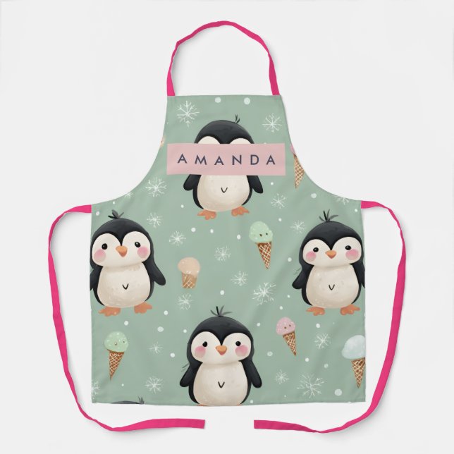 Personalized Cute Penguin & Ice Cream Pattern Schürze (Vorderseite)