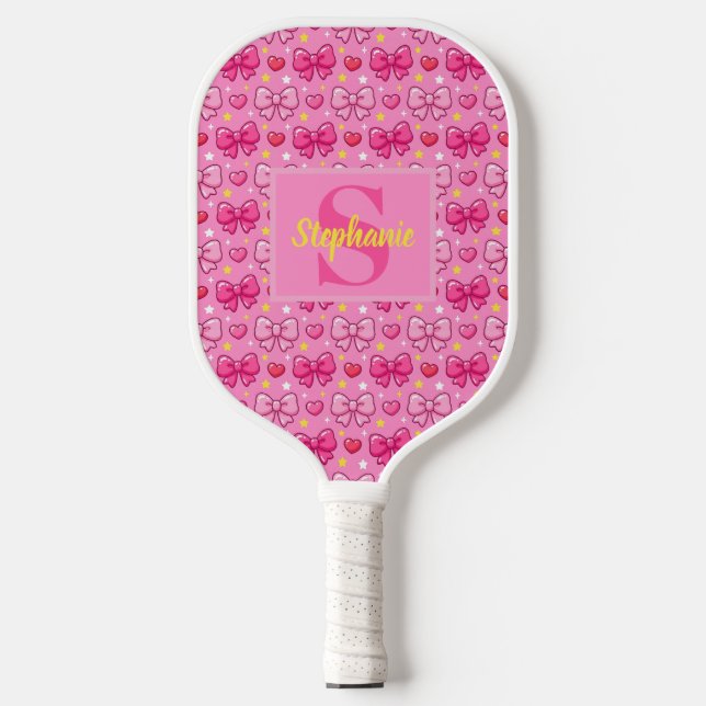 Personalized Cute Pink Bows and Hearts Monogram Pickleball Schläger (Vorderseite)
