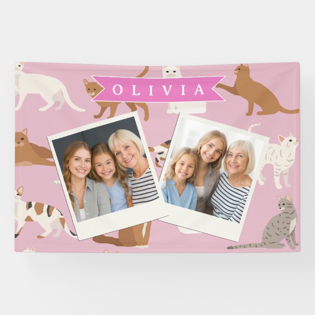 Personalized Cute Pink Cat Pattern Gift Cat Lover Banner (Horizontal)