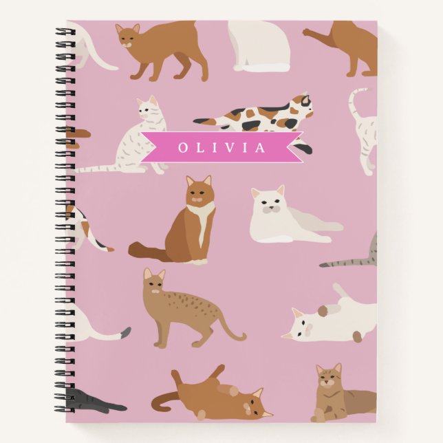 Personalized Cute Pink Cat Pattern Gift Cat Lover Notizbuch (Vorderseite)