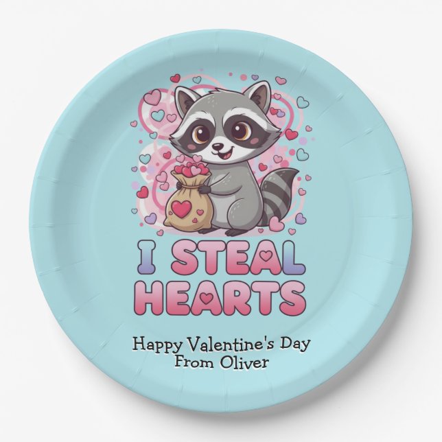 Personalized Cute Raccoon Classroom Valentine Pappteller (Vorderseite)