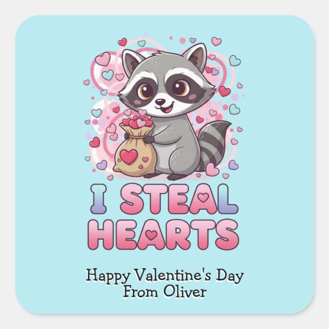 Personalized Cute Raccoon Classroom Valentine Quadratischer Aufkleber (Vorderseite)