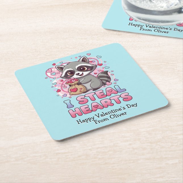 Personalized Cute Raccoon Classroom Valentine Rechteckiger Pappuntersetzer (angewinkelt)