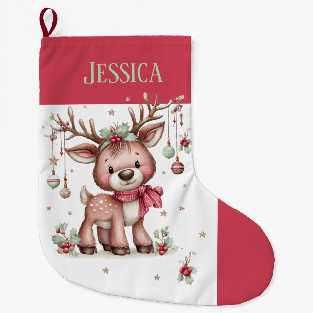 Personalized  Cute Reindeer  Großer Weihnachtsstrumpf (Vorderseite)