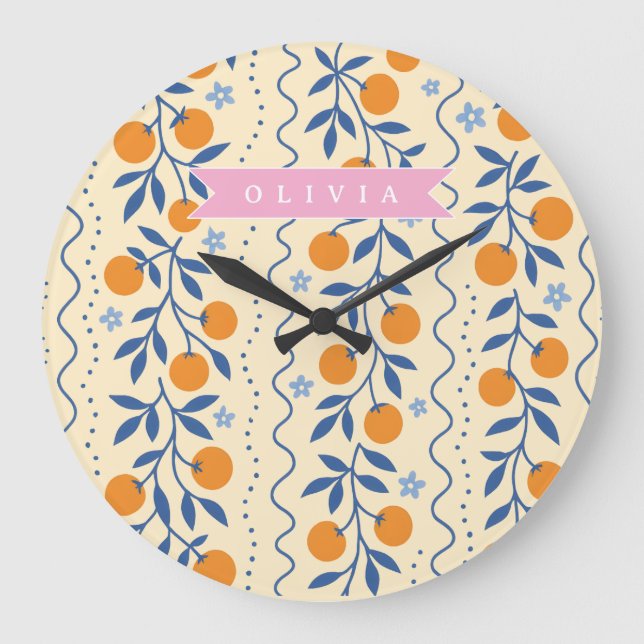 Personalized cute retro citrus folk pattern große wanduhr (Vorderseite)