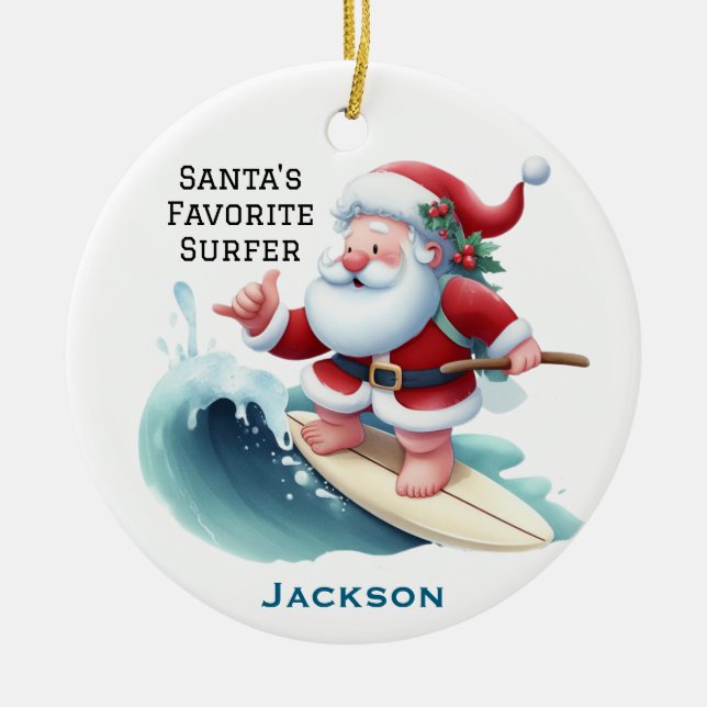 Personalized Cute Santa's Favorite Surfer Keramik Ornament (Vorne)