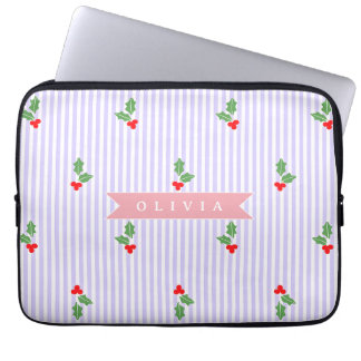 Personalized Cute Striped Holiday Christmas Holly Laptopschutzhülle