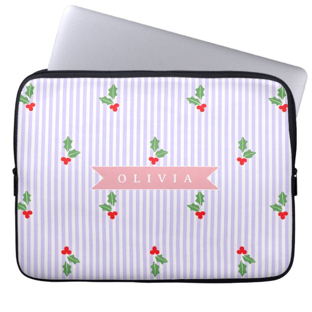 Personalized Cute Striped Holiday Christmas Holly  Laptopschutzhülle (Vorderseite)