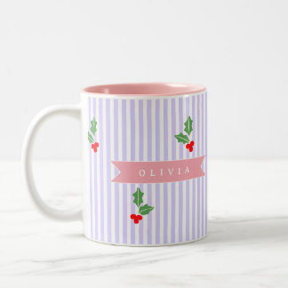 Personalized Cute Striped Holiday Christmas Holly Zweifarbige Tasse