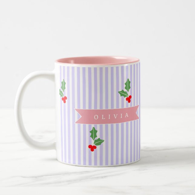 Personalized Cute Striped Holiday Christmas Holly  Zweifarbige Tasse (Links)