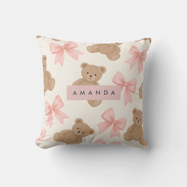 Personalized Cute Teddy Bear and Pink Bow Pattern Kissen (Vorderseite)