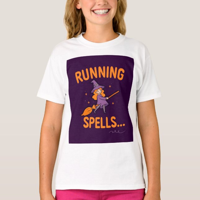 Personalized Cute Witch Running Spells  T-Shirt (Vorderseite)