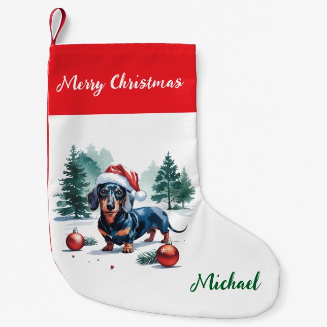 Personalized Dachshund in Santa Hat Christmas Kleiner Weihnachtsstrumpf (Vorderseite)