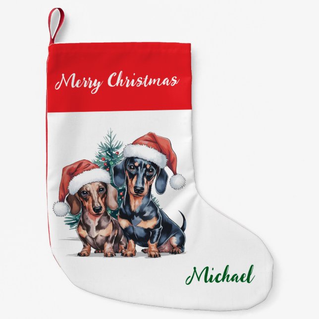 Personalized Dachshund in Santa Hat Christmas Kleiner Weihnachtsstrumpf (Vorderseite)
