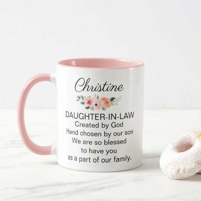 Personalized Daughter In Law Religious Poem Floral Tasse (Mit Donut)