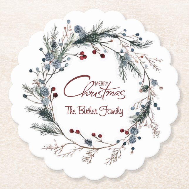 Personalized Delicate Christmas Floral Wreath Untersetzer (Vorderseite)