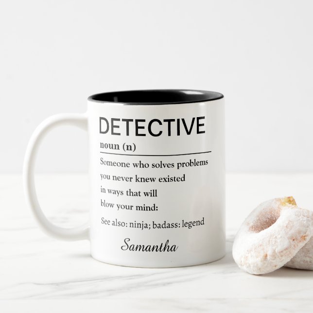 Personalized Detective Gift Funny Definition Zweifarbige Tasse (Mit Donut)