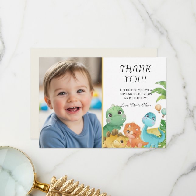 Personalized Dino 1st Birthday Thank You Dankeskarte (Vorderseite/Rückseite Beispiel)