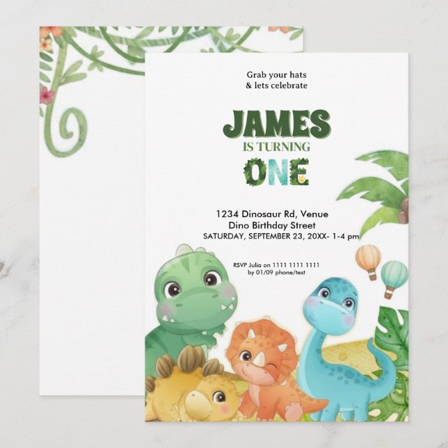 Personalized Dinosaur 1st Birthday Invitation  Einladung (Vorne/Hinten)