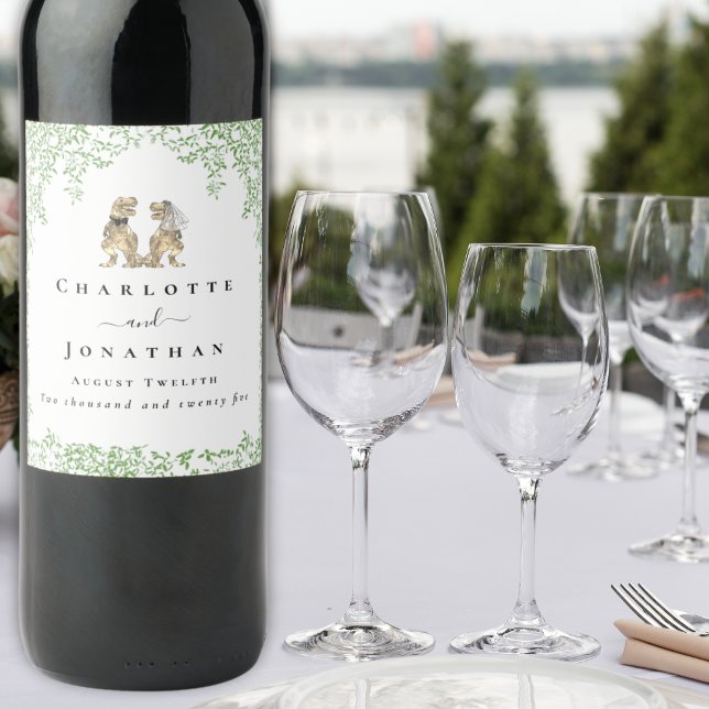 Personalized Dinosaur Bride & Groom Wedding Weinetikett (T-Rex bride and groom dinosaur wedding custom wine labels Watercolor eucalyptus foliage T-Rex couple)