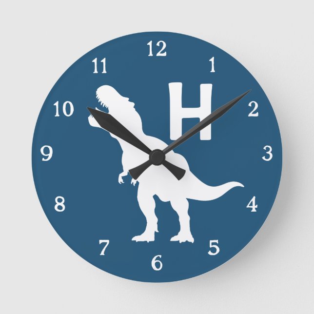 Personalized Dinosaur Kids Wall Clock Blue T-Rex Runde Wanduhr (Vorderseite)