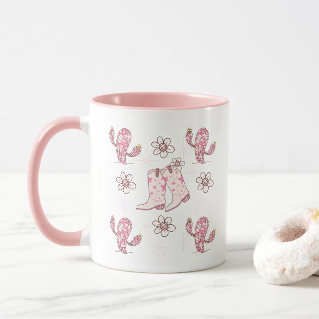 Personalized Disco Cowgirl Boot and Cactus Coffee Tasse (Mit Donut)