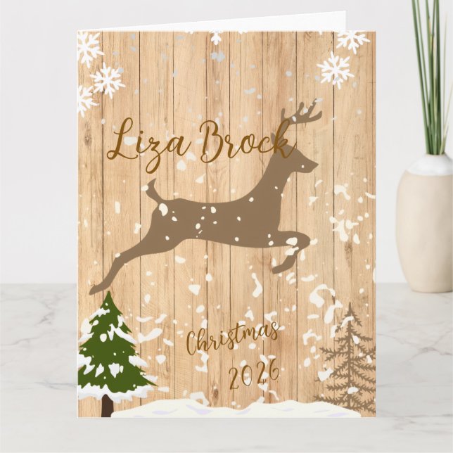 Personalized doe Christmas bauble wooden backgroun Karte (Vorderseite)
