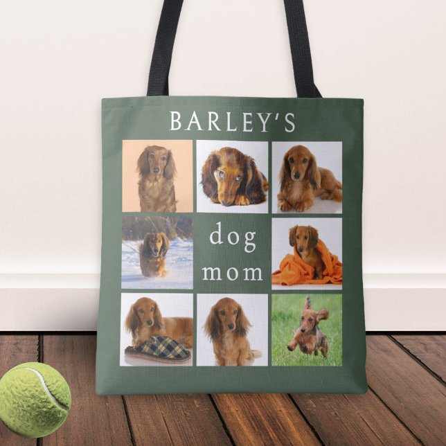 Personalized Dog Mom 8-Photo Collage Sage Green (A stylish, sage green tote bag for the 'dog mom', with personalized pet photo collage)