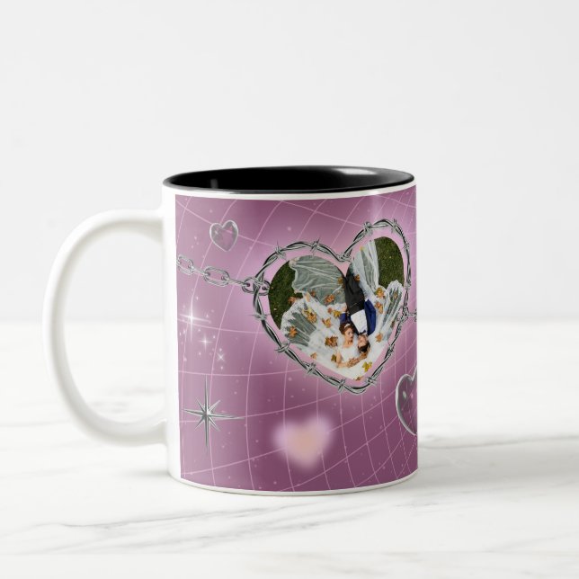 Personalized Double Heart Couple Photo Zweifarbige Tasse (Links)