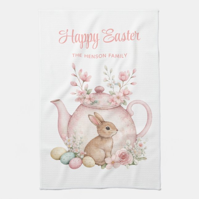 Personalized Easter Bunny Teapot Family  Geschirrtuch (Vertikal)